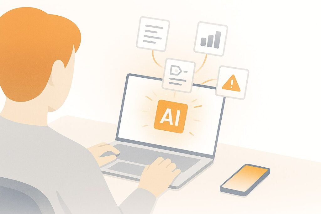 Pengguna bekerja dengan laptop dan smartphone, elemen UI AI melayang terhubung, bayangan tanda seru menandai risiko.