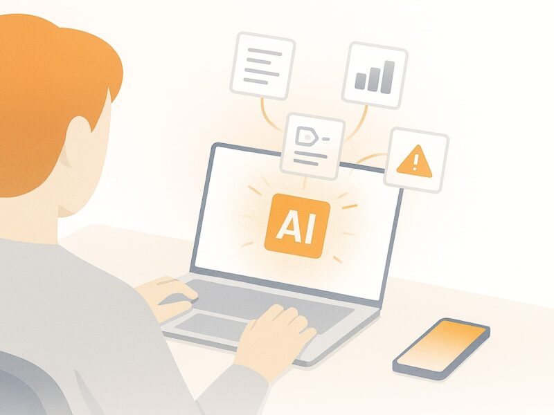 Pengguna bekerja dengan laptop dan smartphone, elemen UI AI melayang terhubung, bayangan tanda seru menandai risiko.