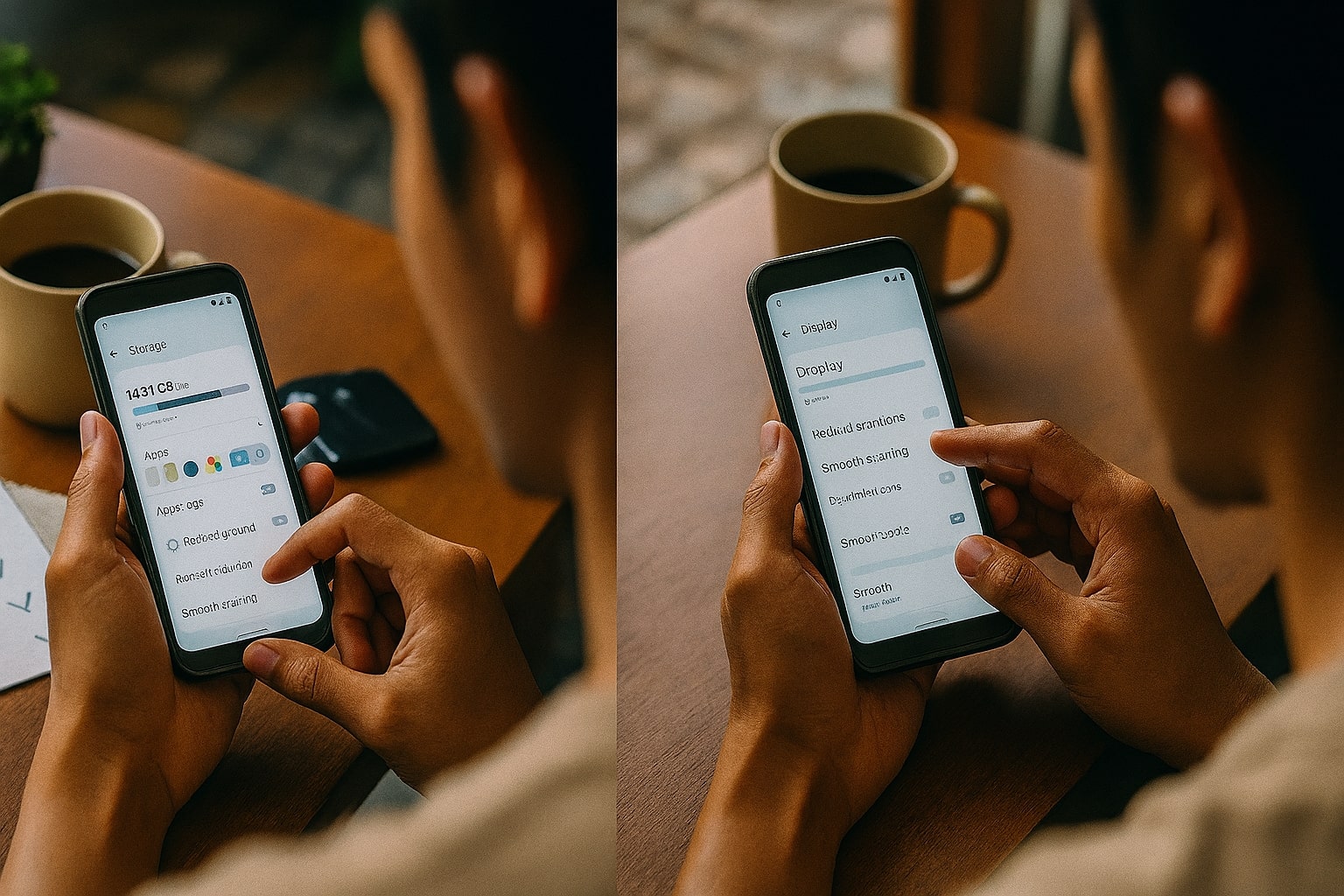 Flatlay tangan menyiapkan checklist optimasi Android lama: bersihkan storage, update aplikasi, jadwalkan restart, untuk mempercepat HP yang lemot.