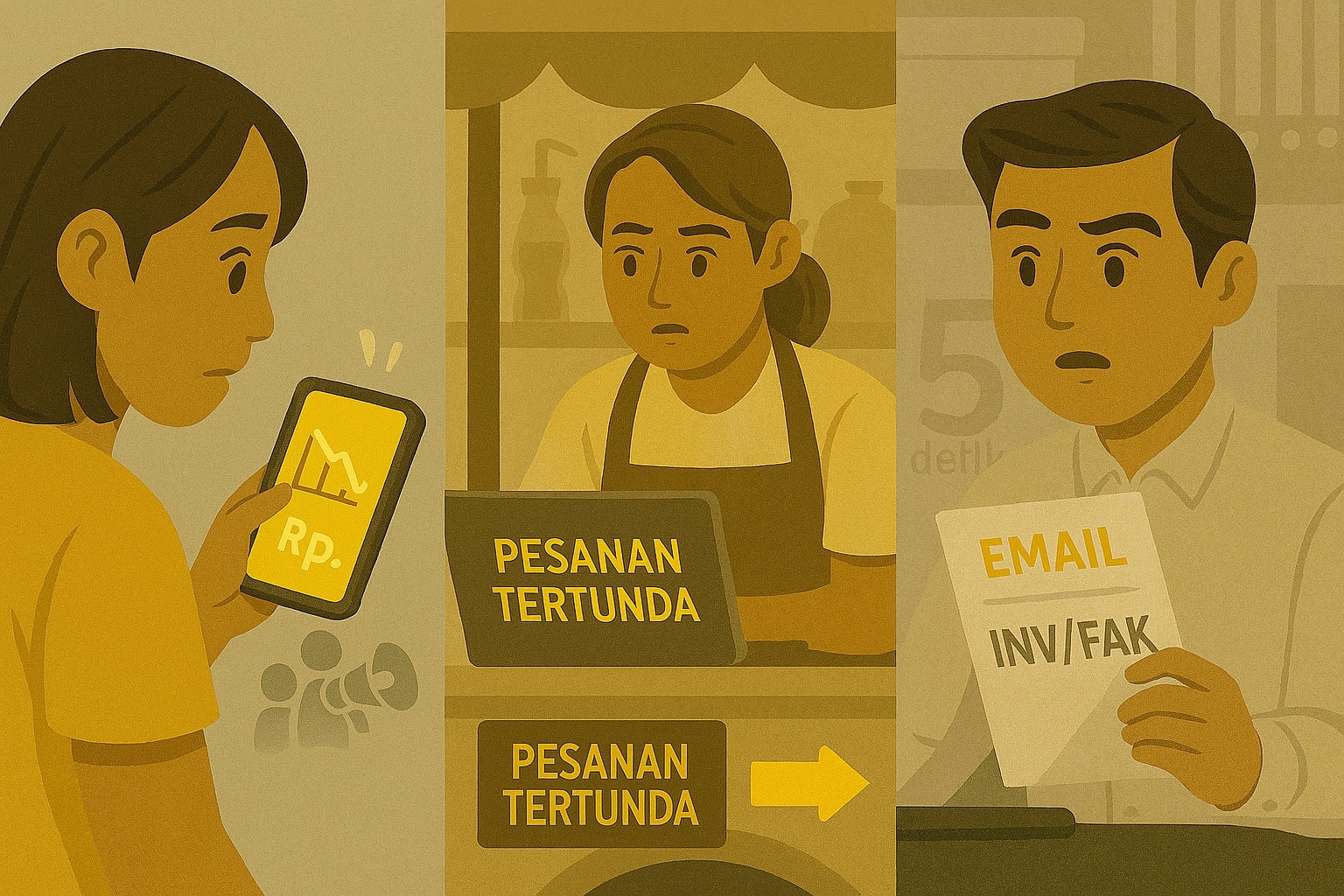Tiga vignette: individu lihat saldo turun, pemilik UMKM cemas di toko, staf keuangan menatap invoice palsu