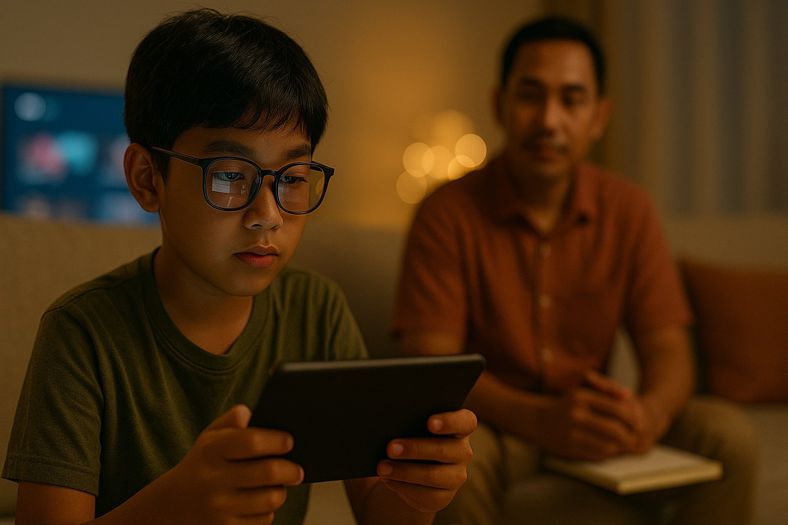 Anak menatap layar dengan deretan thumbnail, orang tua memantau di samping.