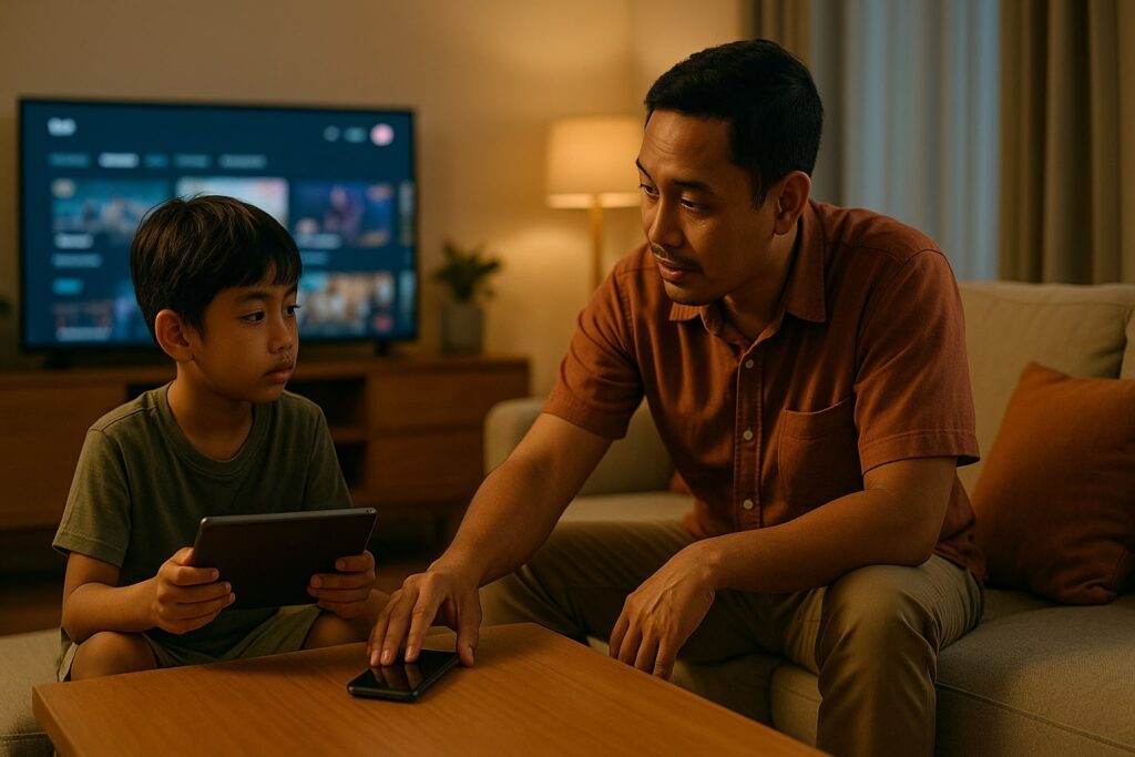 Orang tua mengajak anak berbicara sambil menaruh ponsel, suasana ruang keluarga hangat.