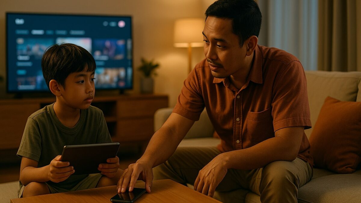 Orang tua mengajak anak berbicara sambil menaruh ponsel, suasana ruang keluarga hangat.