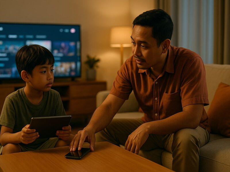 Orang tua mengajak anak berbicara sambil menaruh ponsel, suasana ruang keluarga hangat.