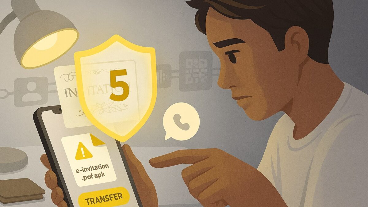 Pengguna menatap chat undangan dengan file ‘e-invitation.pdf.apk’ dan panggilan suara mirip keluarga di layar ponsel