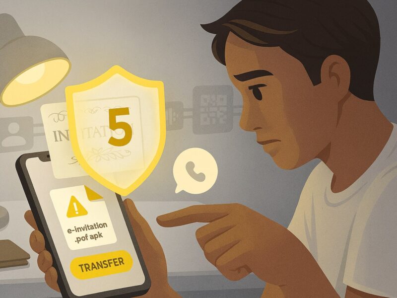 Pengguna menatap chat undangan dengan file ‘e-invitation.pdf.apk’ dan panggilan suara mirip keluarga di layar ponsel