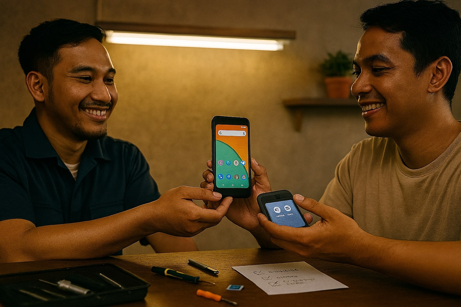 Teknisi mengembalikan HP Android lama yang sudah dioptimasi, performa kembali lancar setelah pembersihan dan pengaturan yang tepat.