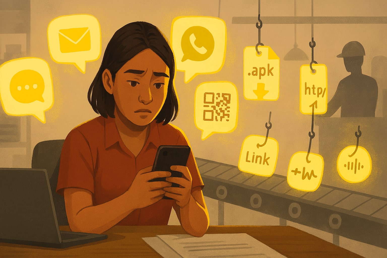 Ilustrasi manusia dikepung chat, panggilan mirip keluarga, ikon APK dan QR di lintasan “pabrik scam”