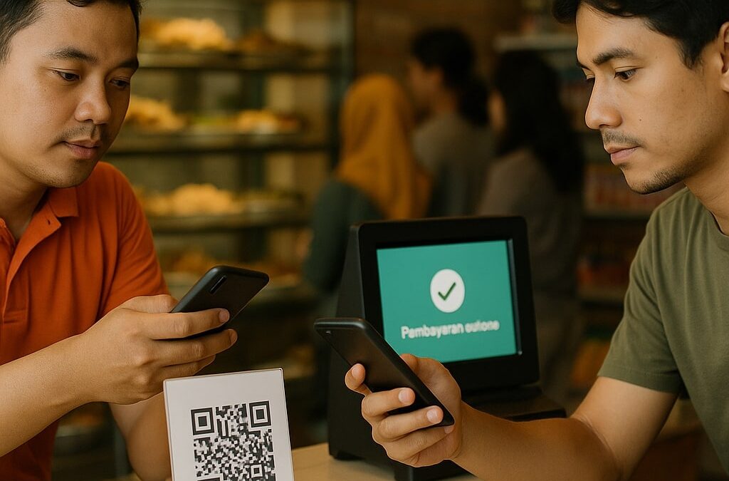 Pembeli dan kasir memeriksa nama merchant sebelum bayar QRIS di kasir minimarket Indonesia, editorial 16:9