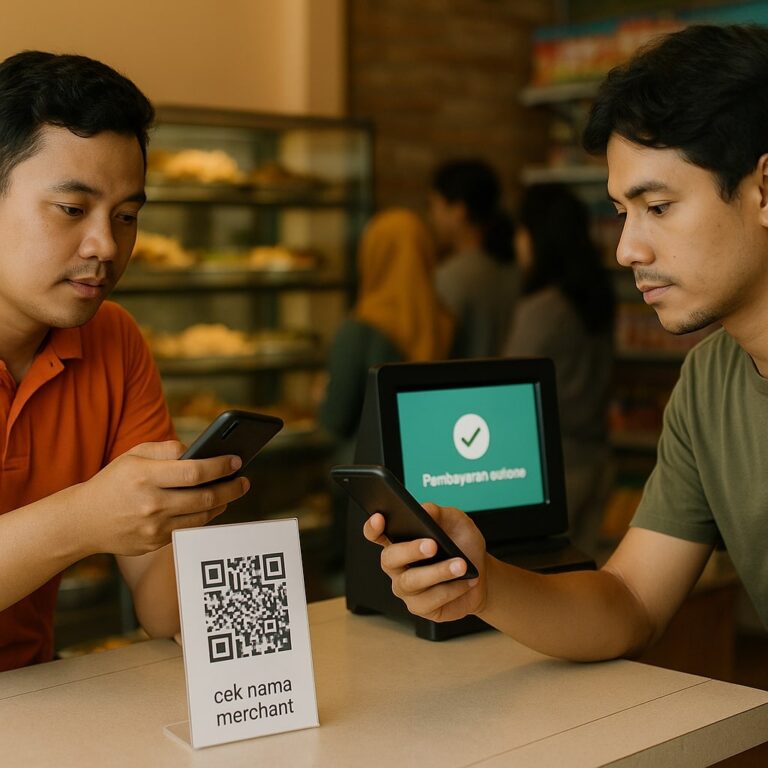 Pembeli dan kasir memeriksa nama merchant sebelum bayar QRIS di kasir minimarket Indonesia, editorial 16:9