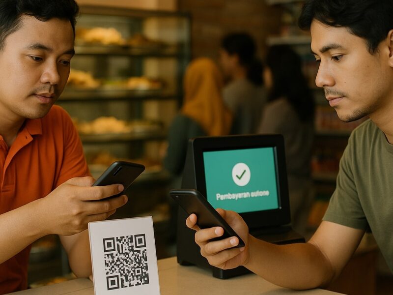 Pembeli dan kasir memeriksa nama merchant sebelum bayar QRIS di kasir minimarket Indonesia, editorial 16:9