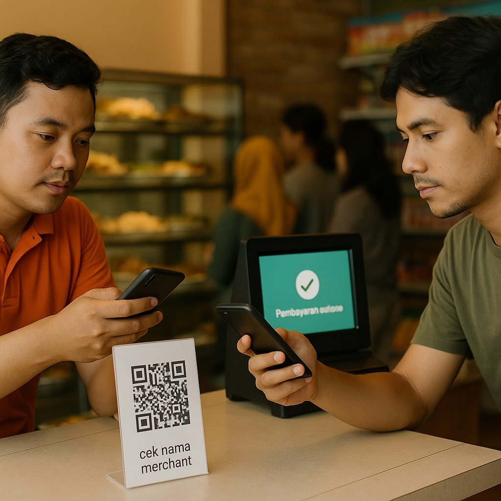 Pembeli dan kasir memeriksa nama merchant sebelum bayar QRIS di kasir minimarket Indonesia, editorial 16:9