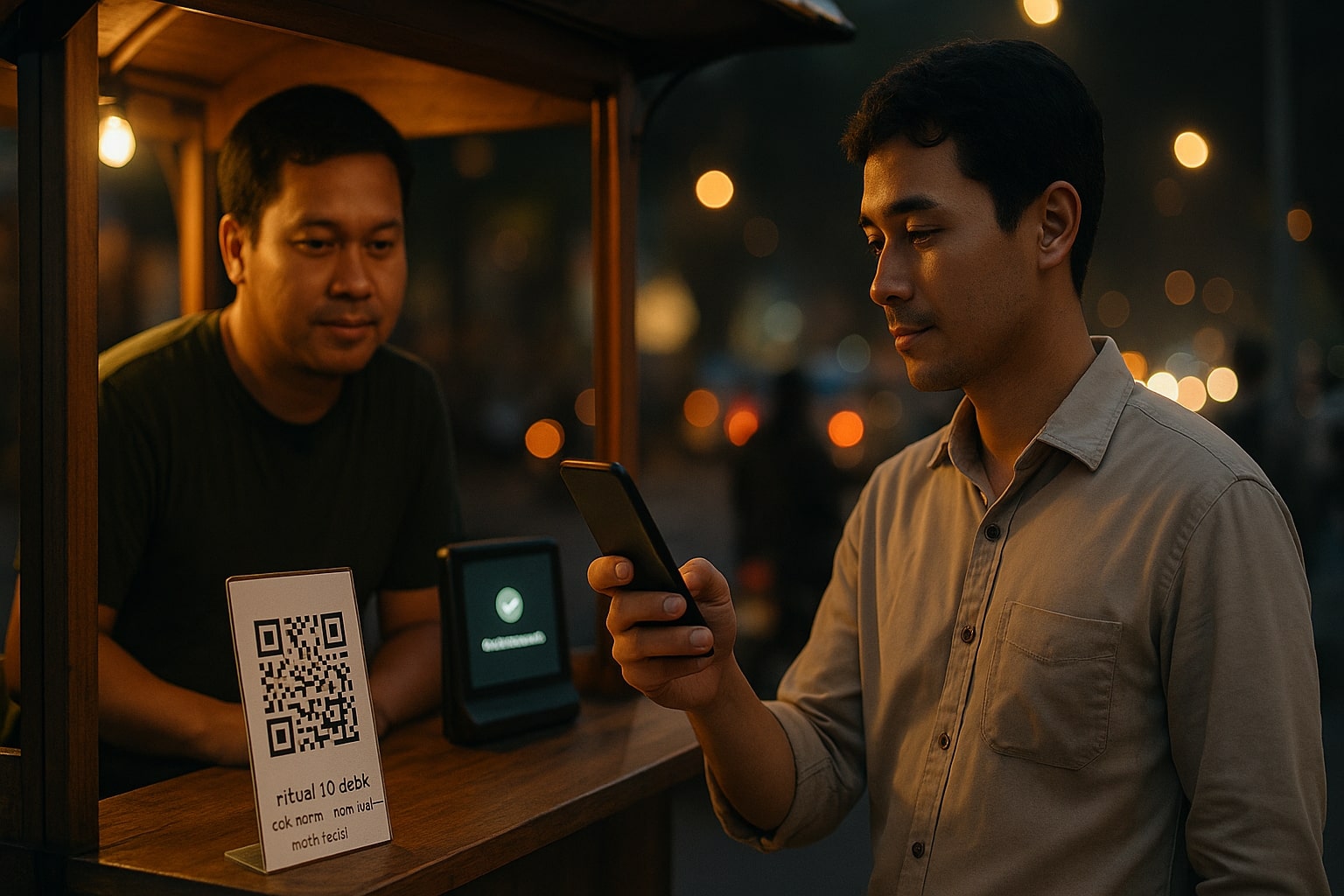 Pelanggan di kedai kopi pinggir jalan melakukan ritual 10 detik cek nama merchant sebelum scan QRIS, editorial 16:9