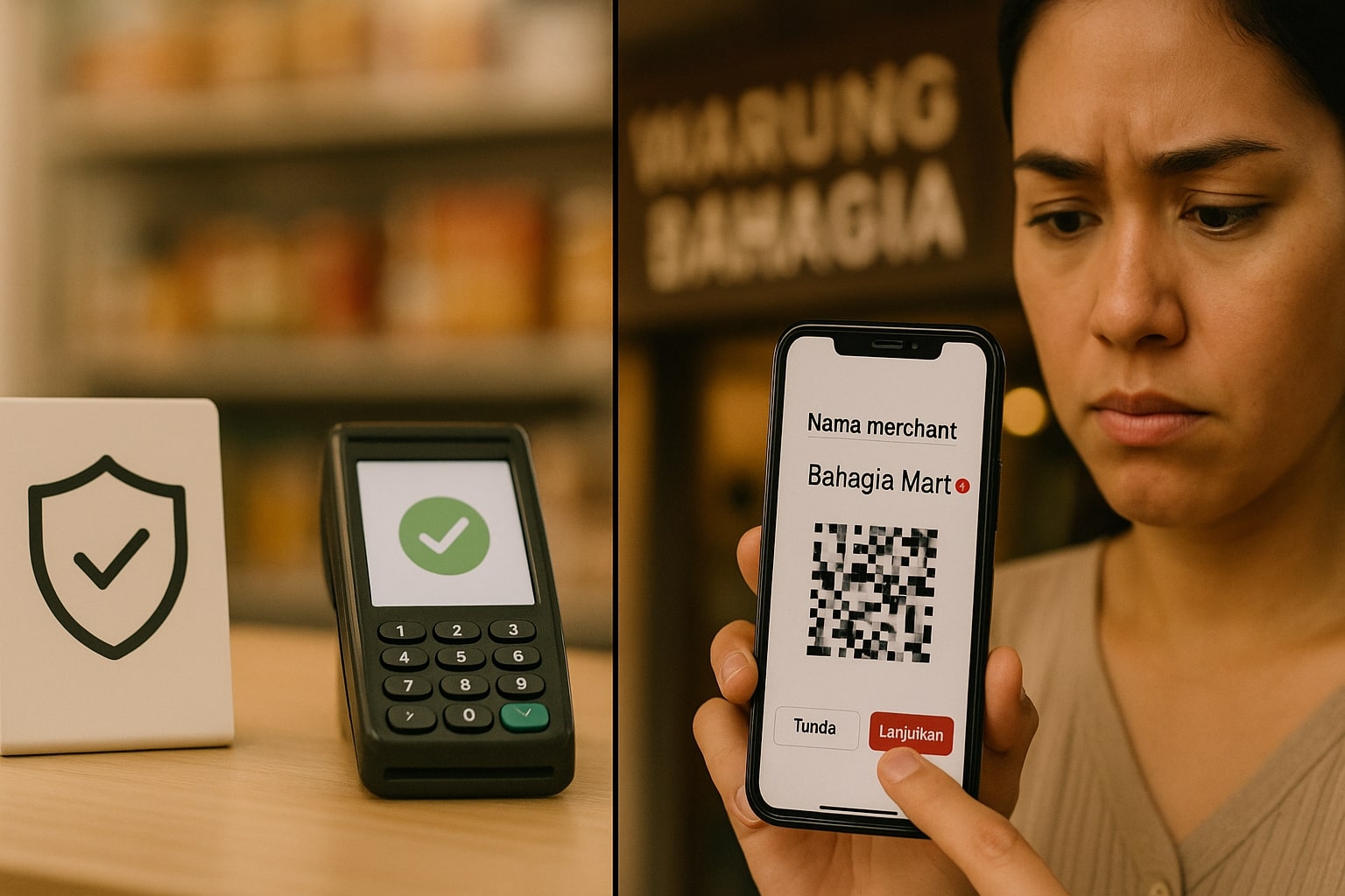 Ilustrasi editorial dua panel: sistem QRIS aman, namun pengguna mengecek kecocokan nama merchant di layar ponsel, 16:9