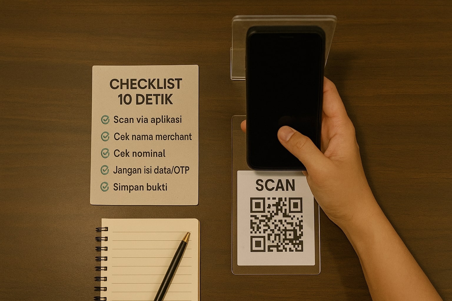 Foto editorial checklist 10 detik keamanan QRIS di meja kasir: scan via aplikasi, cek nama merchant dan nominal, jangan isi OTP, 16:9