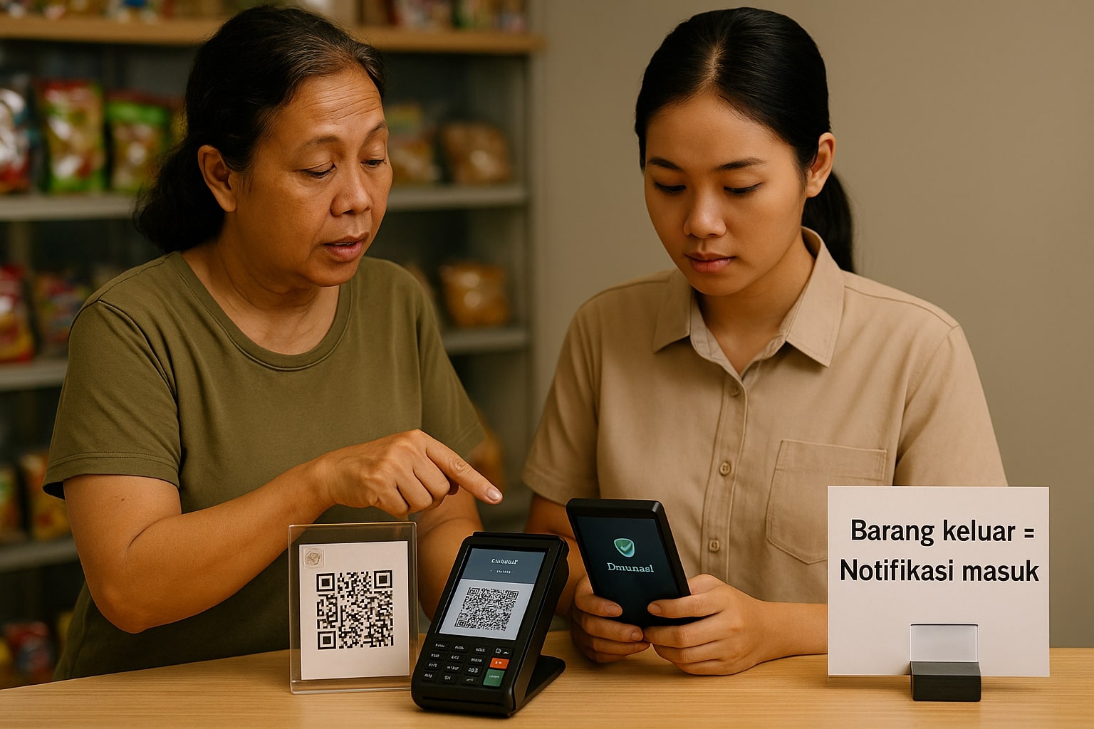 Pemilik toko melatih kasir: gunakan QR dinamis dan tunggu notifikasi merchant sebelum serah barang, editorial 16:9