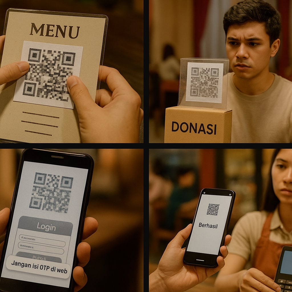 Kolase empat panel modus penipuan QRIS: stiker swap, donasi palsu, quishing, dan screenshot palsu di kasir, editorial 16:9