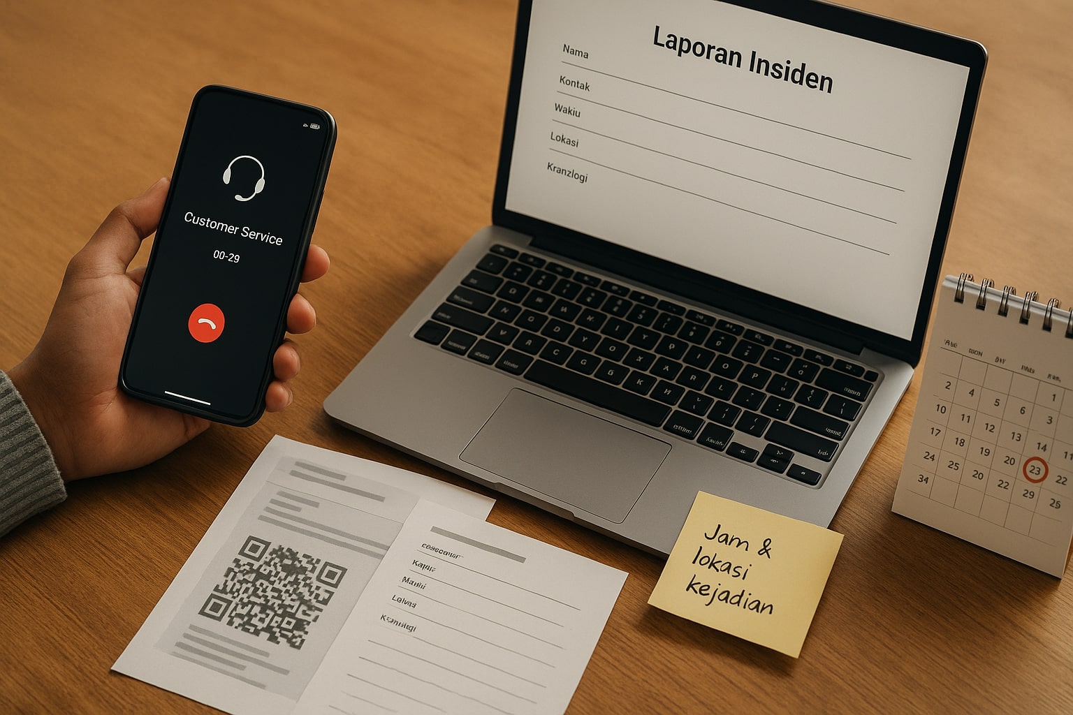 Meja kerja dengan panggilan ke CS, pengumpulan bukti transaksi, dan catatan waktu untuk laporan penipuan QRIS dalam 24 jam pertama, 16:9