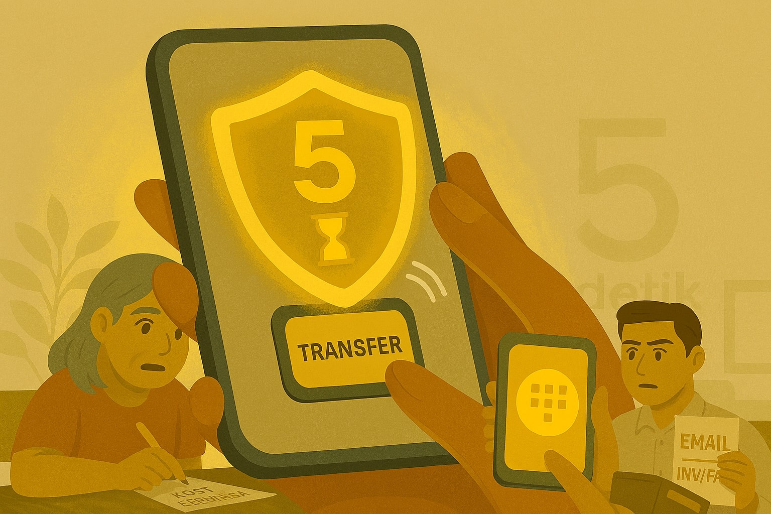 Jari hampir menekan tombol transfer, muncul “perisai jeda 5 detik” transparan di atas layar