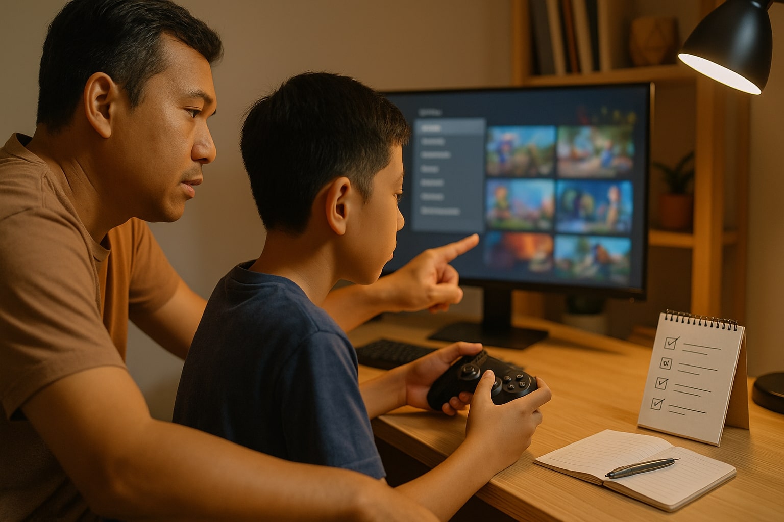 Orang tua dan anak bermain bersama sambil mengatur kontrol keamanan gim.