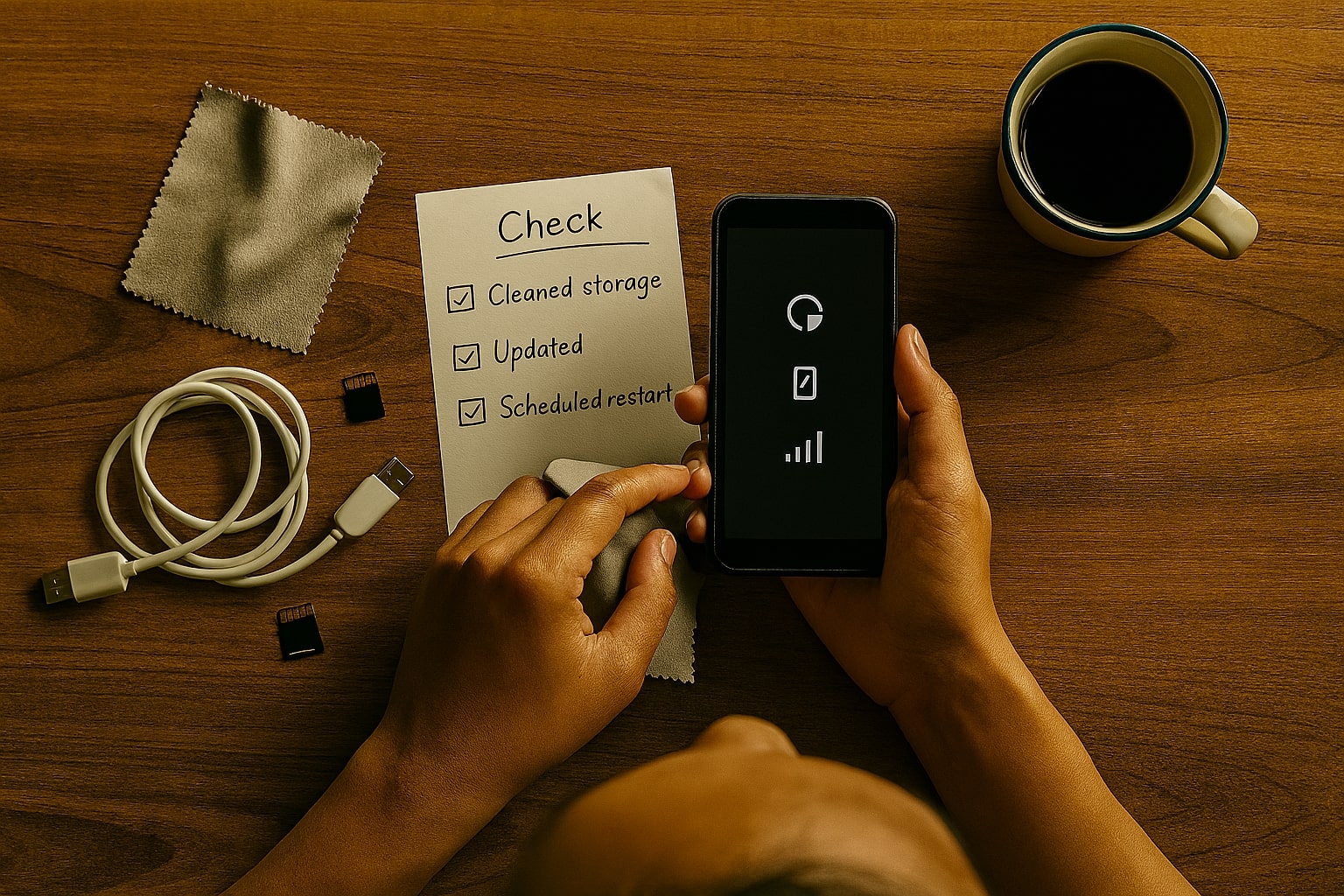 Ilustrasi pengguna berkonsultasi di warteg tentang solusi cepat atasi lag Android lama: reset jaringan, bersihkan cache, batasi background app.