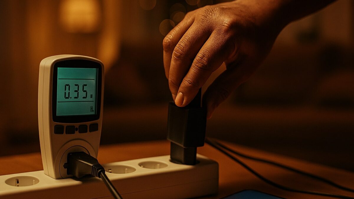 Tangan mencabut charger dari power strip, watt-meter menunjukkan konsumsi standby kecil (vampire load).