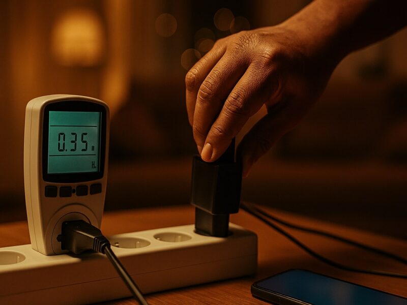 Tangan mencabut charger dari power strip, watt-meter menunjukkan konsumsi standby kecil (vampire load).