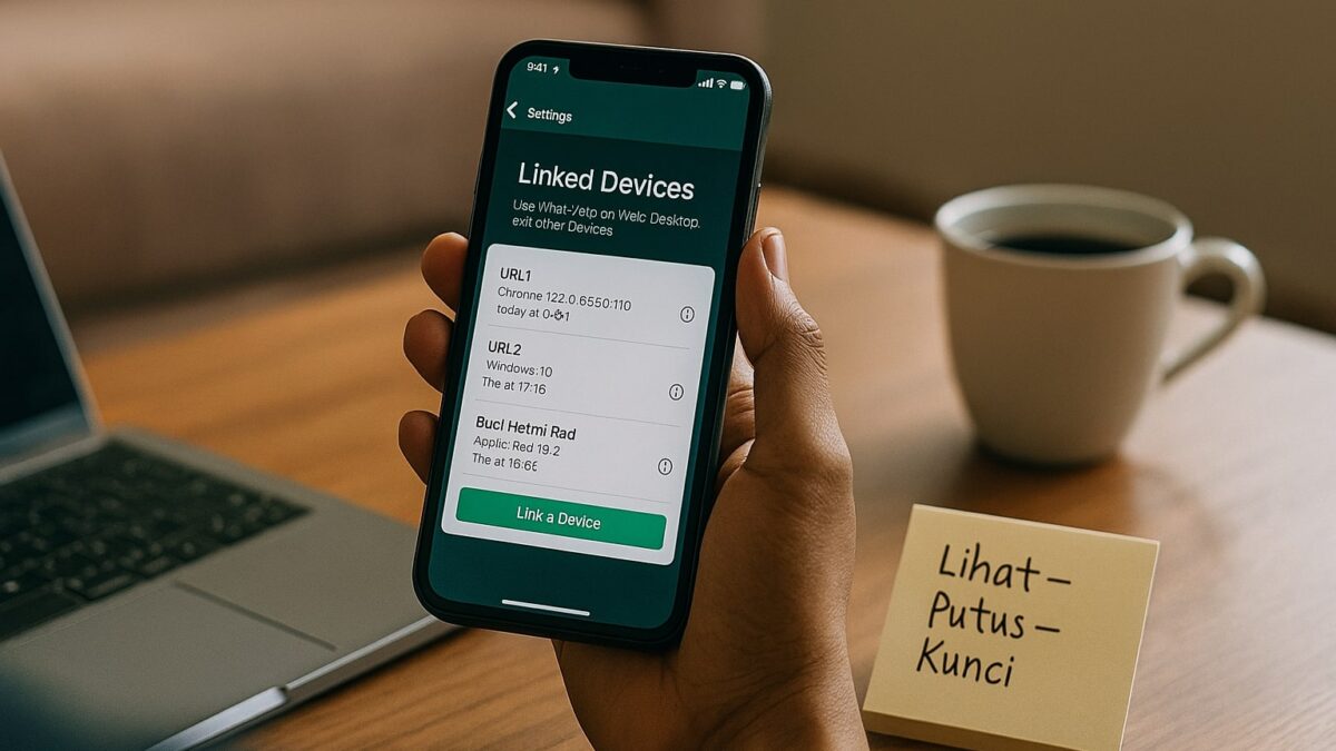 Ilustrasi cara mengetahui WhatsApp disadap: seseorang memeriksa daftar perangkat tertaut dan checklist Lihat–Putus–Kunci di ponsel, UI chat hijau generik