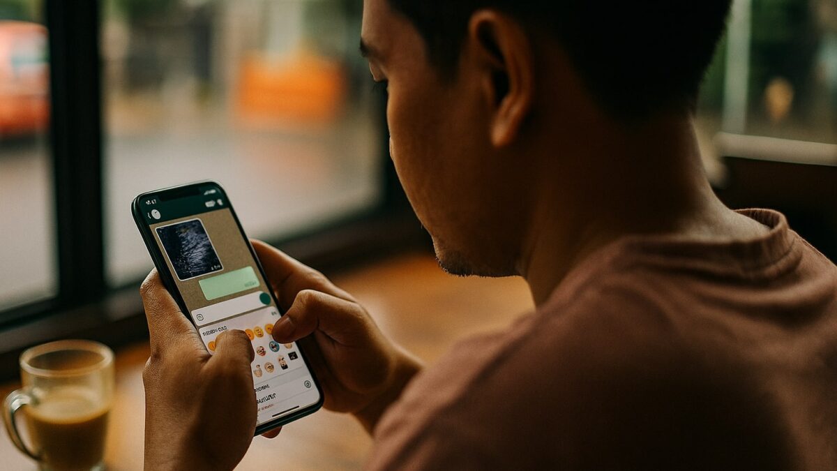 Pengguna di kafe memegang ponsel, menampilkan foto bergerak, panel stiker, ikon pemindai dokumen, dan hasil pencarian grup yang relevan