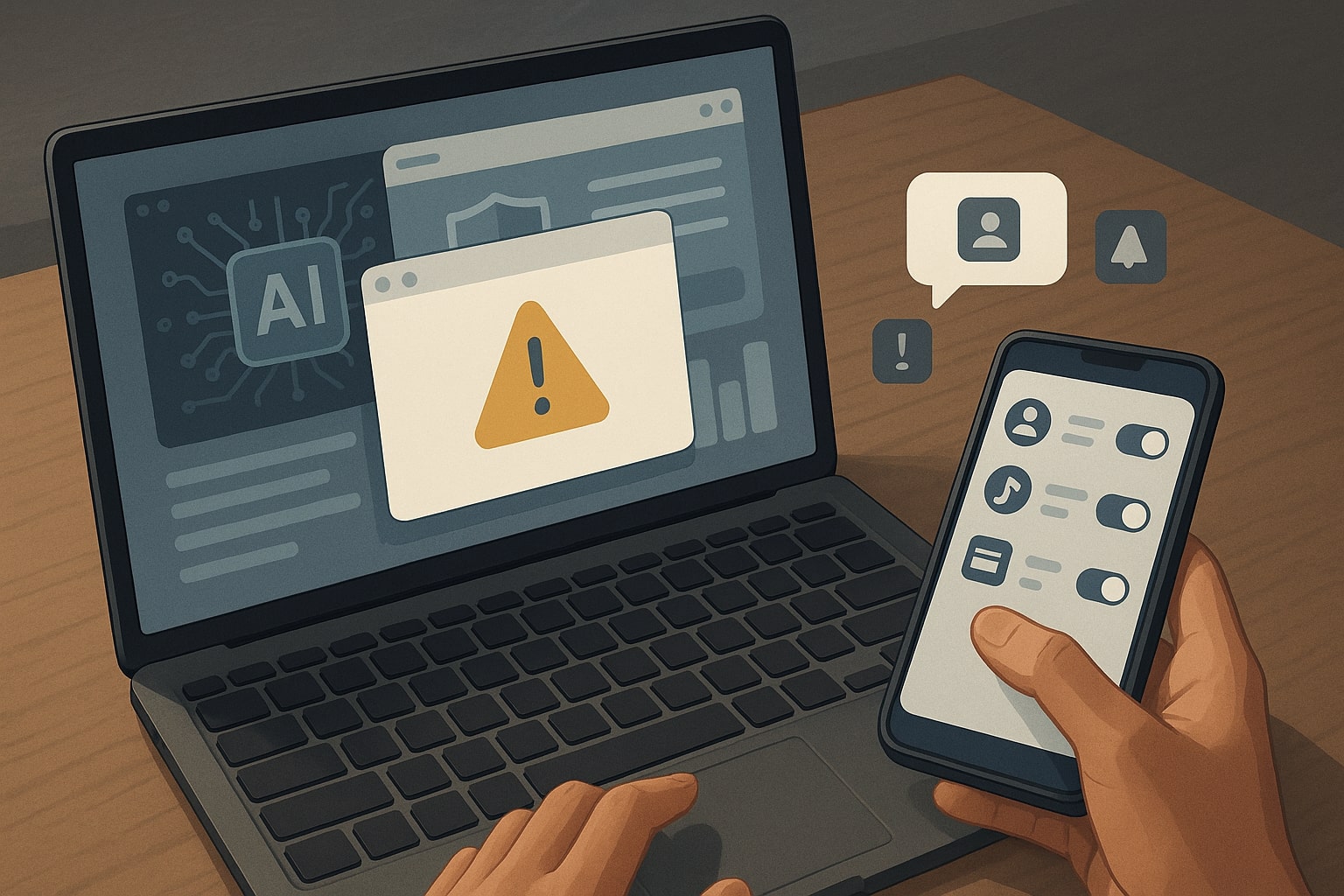 Pengguna internet bingung melihat aplikasi AI dan VPN yang mencurigakan di layar laptop dan ponsel