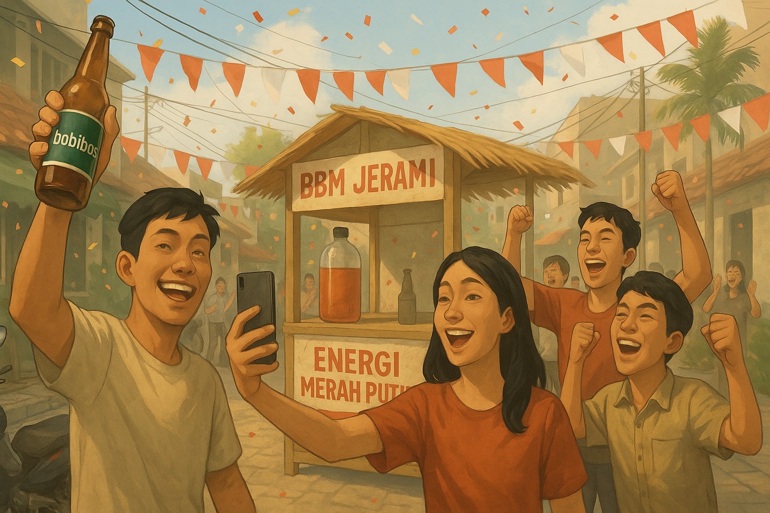 Ilustrasi anak muda Indonesia berkerumun dengan bangga di sekitar stan BBM jerami Bobibos sambil berfoto dan menunjukkan botol bahan bakar.