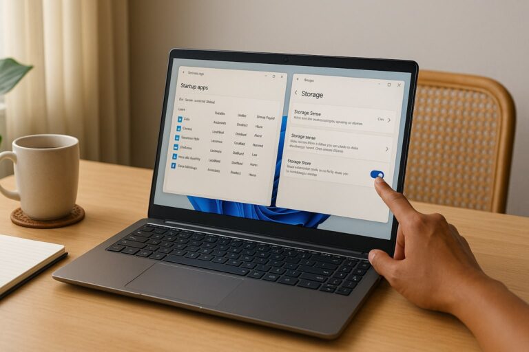 Gambar langkah mempercepat laptop Windows dengan Task Manager Startup dan Storage Sense di layar, suasana kerja natural tanpa logo.