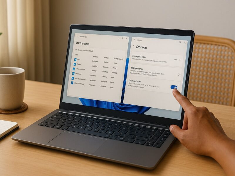 Gambar langkah mempercepat laptop Windows dengan Task Manager Startup dan Storage Sense di layar, suasana kerja natural tanpa logo.