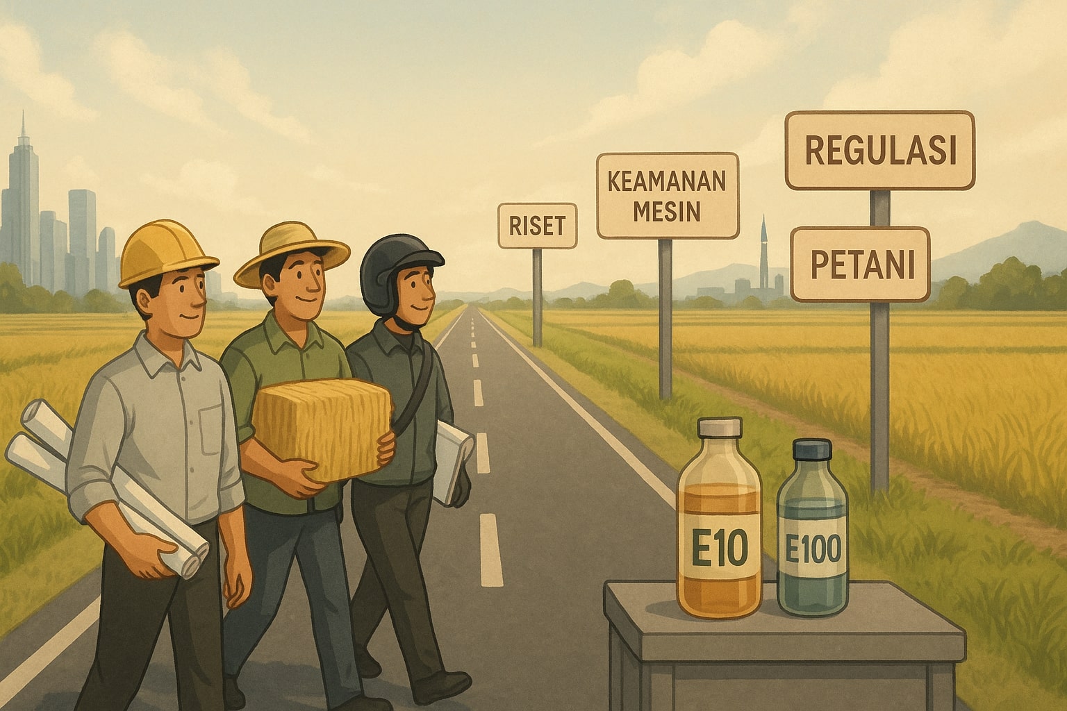 Ilustrasi insinyur, petani, pengendara motor, dan pejabat Indonesia berjalan bersama di jalan panjang dengan rambu riset, regulasi, dan keamanan mesin untuk BBM jerami.