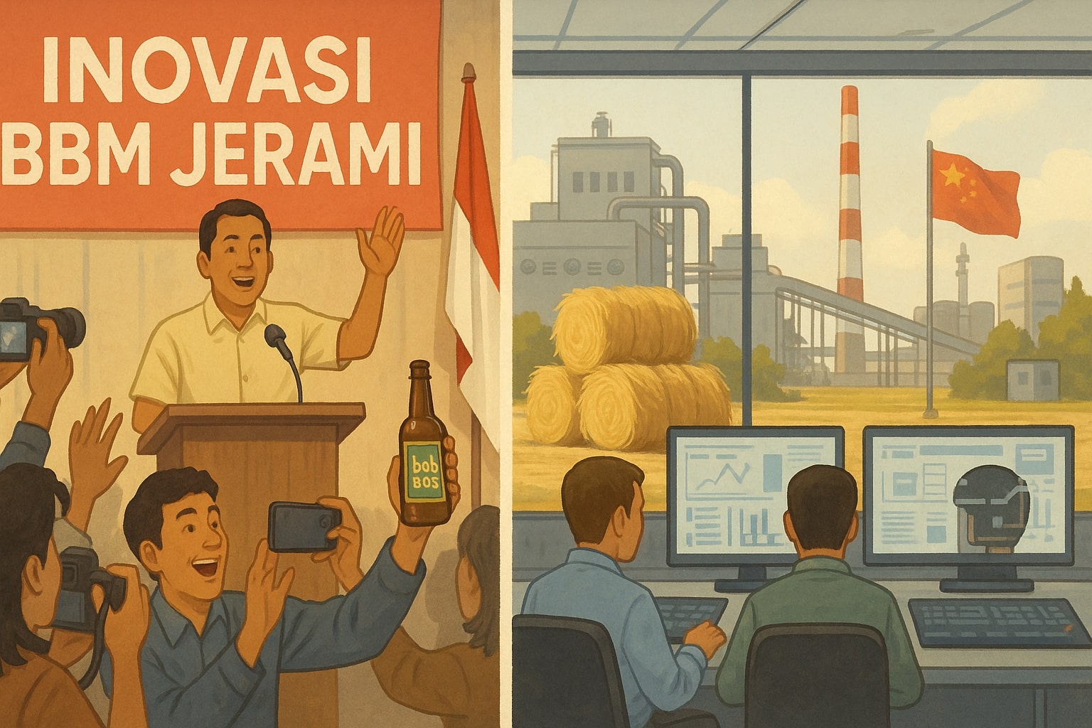 Ilustrasi perbandingan konferensi pers BBM jerami di Indonesia yang heboh dengan ruang kontrol pembangkit listrik jerami di Eropa dan Tiongkok yang sudah berjalan rutin.