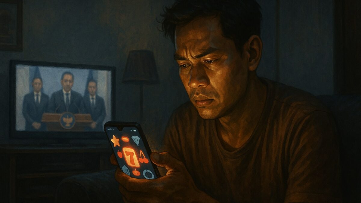 Ilustrasi pria Indonesia menatap layar ponsel berisi simbol judi online sementara konferensi pers pemerintah tayang di televisi.