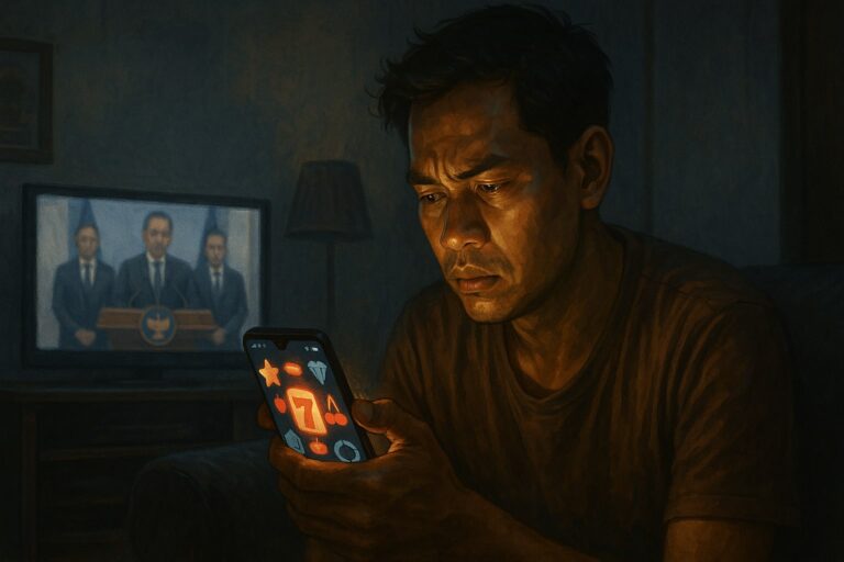Ilustrasi pria Indonesia menatap layar ponsel berisi simbol judi online sementara konferensi pers pemerintah tayang di televisi.
