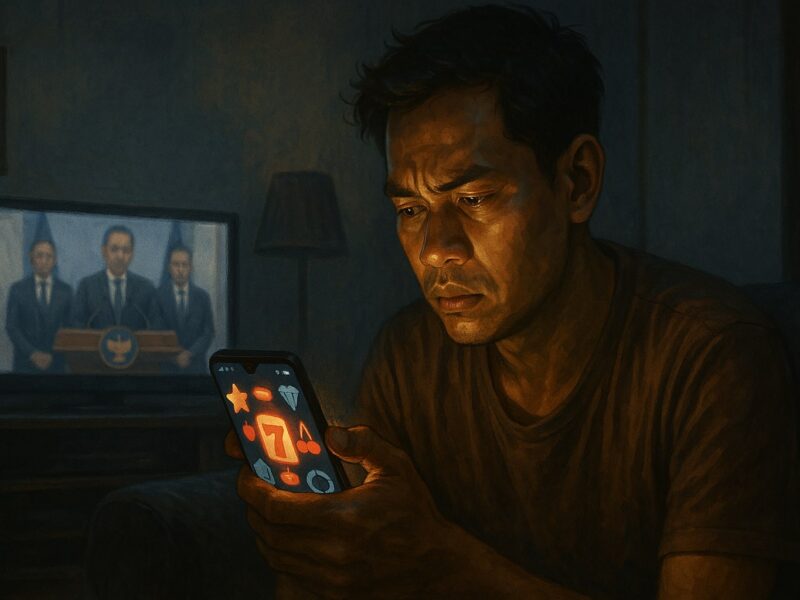 Ilustrasi pria Indonesia menatap layar ponsel berisi simbol judi online sementara konferensi pers pemerintah tayang di televisi.