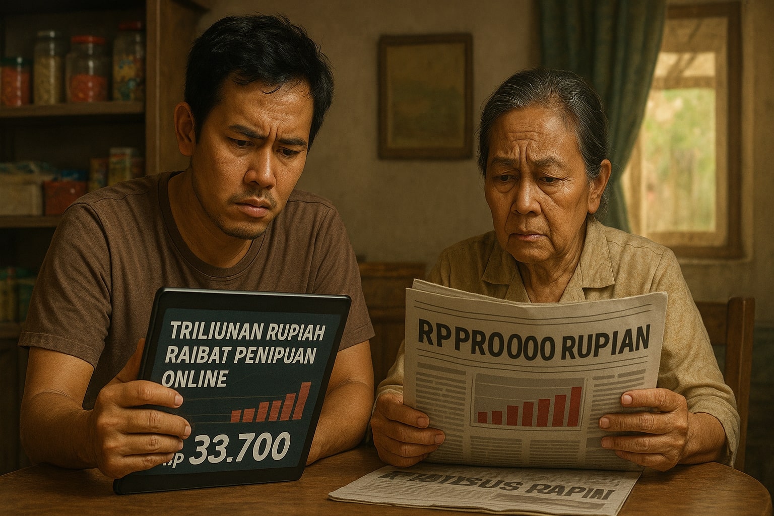 Pemilik usaha kecil di Indonesia membaca berita kerugian triliunan rupiah akibat penipuan online