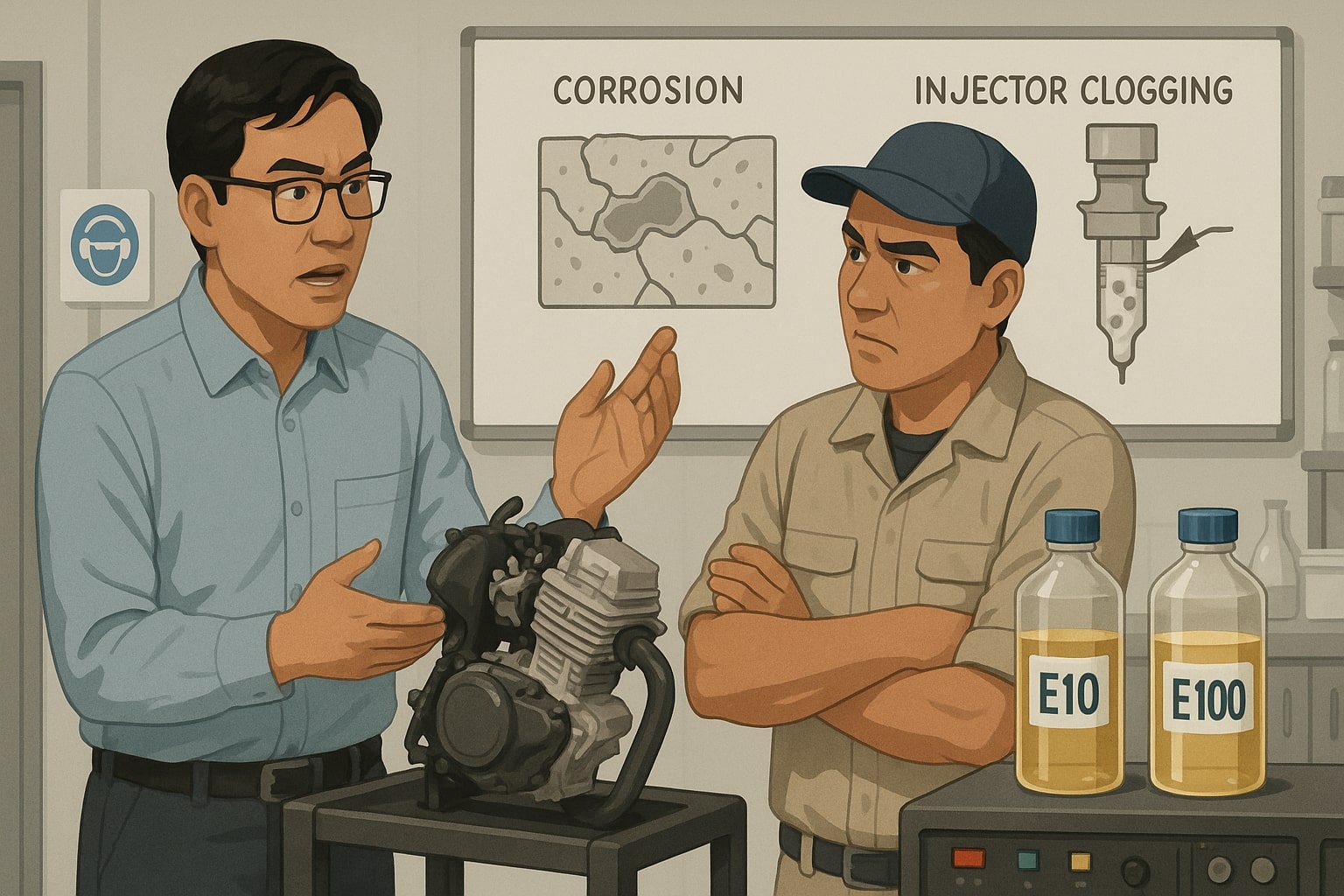 Ilustrasi pakar otomotif dan mekanik Indonesia membahas risiko etanol tinggi di depan mesin motor uji dengan diagram korosi dan injektor tersumbat.