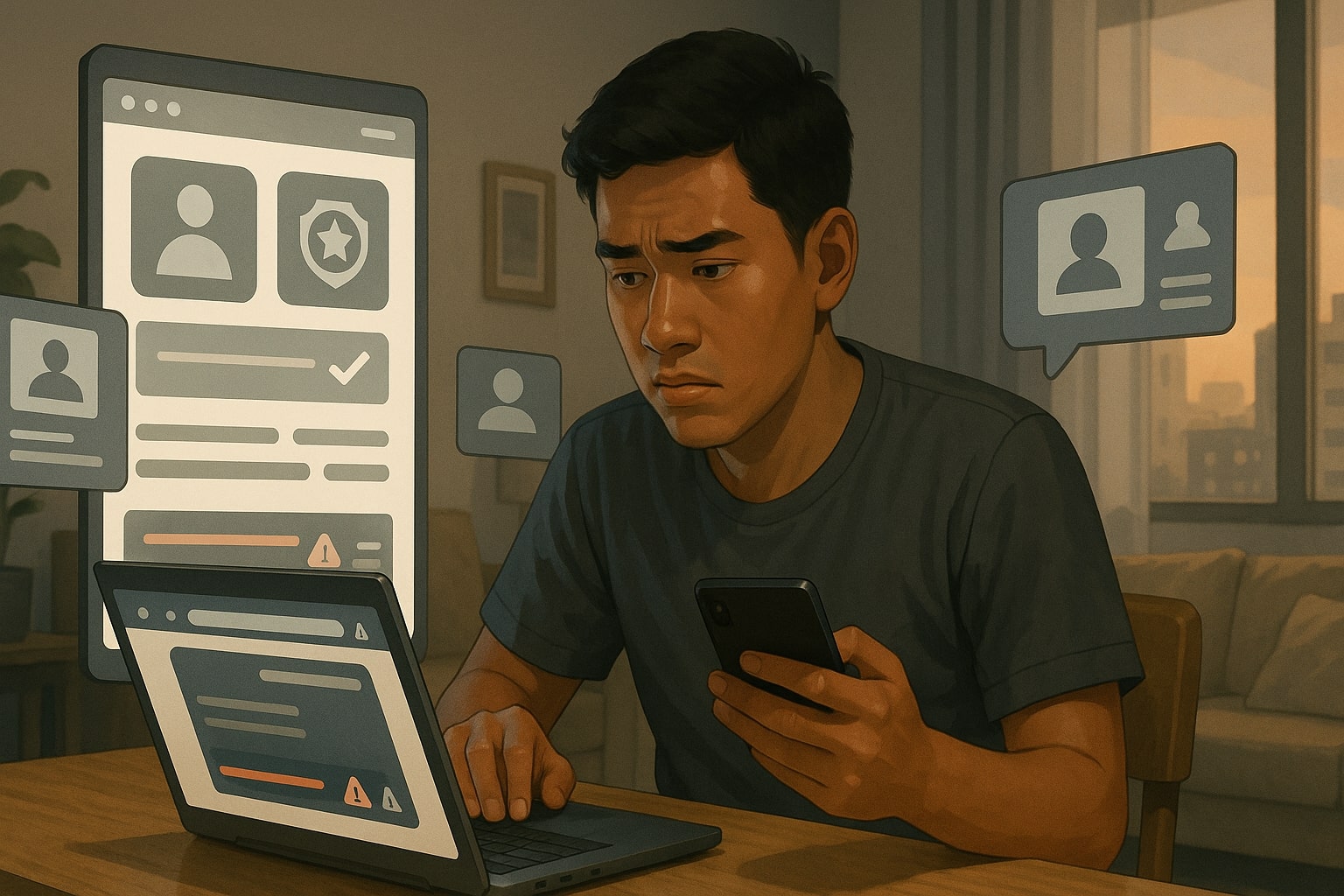 Ilustrasi penipuan lowongan kerja online dengan HRD palsu yang menawarkan gaji besar