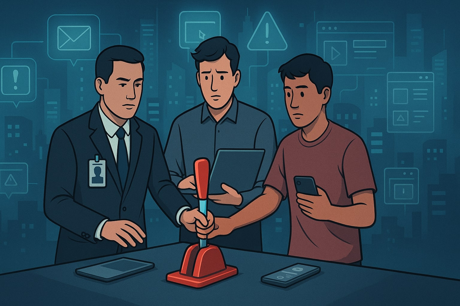 Ilustrasi regulator platform teknologi dan pengguna sedang memegang rem bersama untuk menghentikan penipuan online