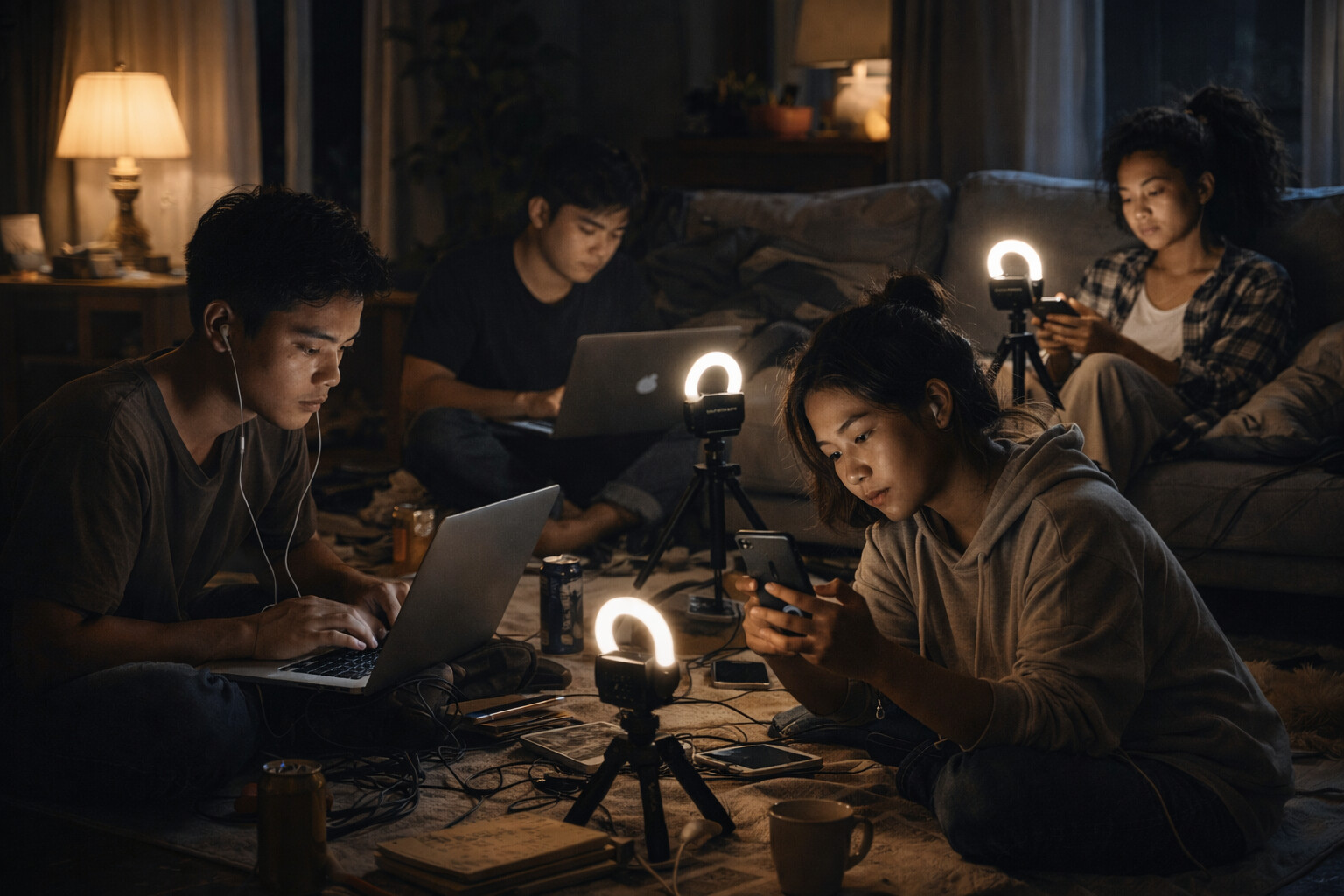 Sekelompok anak muda membuat konten di ruangan apartemen yang remang