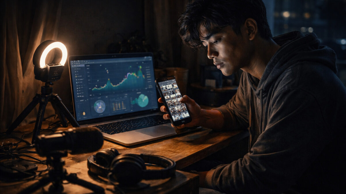 Seorang kreator muda menatap layar laptop dan ponsel di kamar yang remang