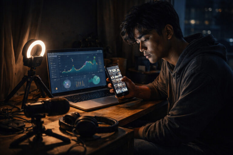 Seorang kreator muda menatap layar laptop dan ponsel di kamar yang remang